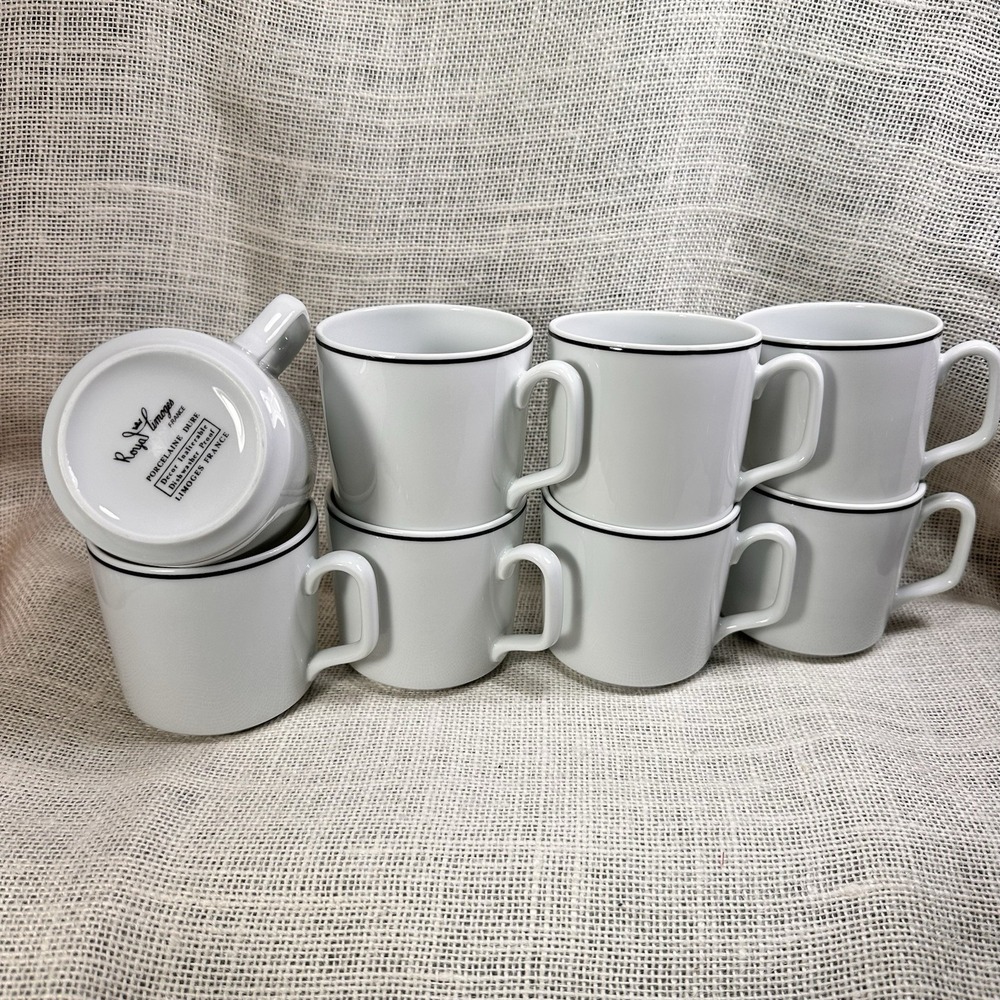 Royal Limoges Black Trim Mug Set of 8 Porcelain France White Black‎ Band Cups